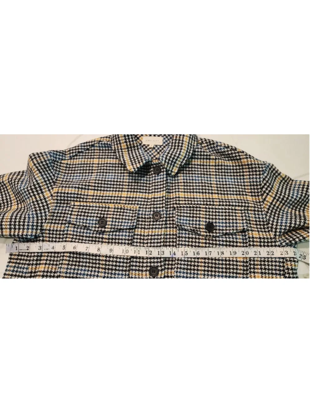 Melloday Women's M Houndstooth Shacket Jacket Blue Black Yellow Plaid Button Up